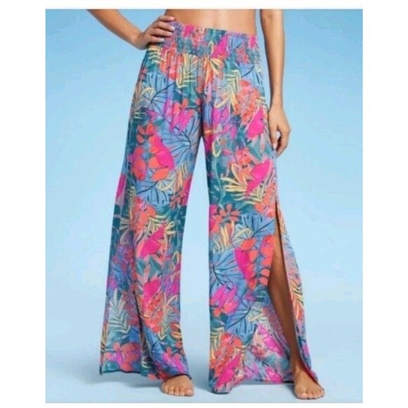 Kona Sol Pants Large Colorful Crepe High Slits Tropical Hawaiian Flowy Pleated - Picture 1 of 10